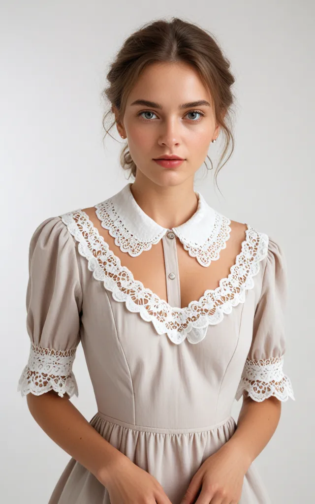 A European female model wearing a dress with a Lace   trimmed collar, white background, bust portrait